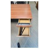 L Shaped Wooden Laminate Office Desk and (2) Black Vinyl Waiting Chairs