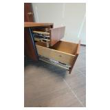 L Shaped Wooden Laminate Office Desk and (2) Black Vinyl Waiting Chairs