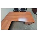 L Shaped Wooden Laminate Office Desk and (2) Black Vinyl Waiting Chairs