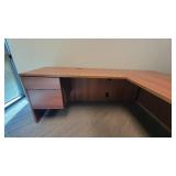 L Shaped Wooden Laminate Office Desk and (2) Black Vinyl Waiting Chairs