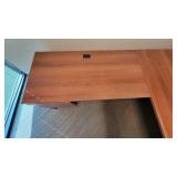 L Shaped Wooden Laminate Office Desk and (2) Black Vinyl Waiting Chairs