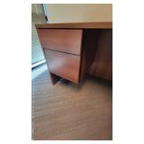 L Shaped Wooden Laminate Office Desk and (2) Black Vinyl Waiting Chairs