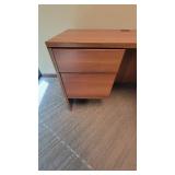 L Shaped Wooden Laminate Office Desk and (2) Black Vinyl Waiting Chairs