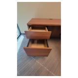 L Shaped Wooden Laminate Office Desk and (2) Black Vinyl Waiting Chairs
