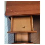 L Shaped Wooden Laminate Office Desk and (2) Black Vinyl Waiting Chairs