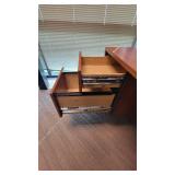 L Shaped Wooden Laminate Office Desk and (2) Black Vinyl Waiting Chairs