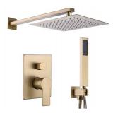 RBROHANT Rain Shower System Brushed Gold Shower Faucet Set Anti-scald Shower Fixtures with Rough-in Pressure Balanced Valve and Embedded Box, Wall Mounted