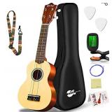 Everjoys Soprano Ukulele Beginner Pack-21 Inch w/Rainbow String Free Online Lesson Gig Bag Fast Learn Songbook Digital Tuner Pick All in One Kit