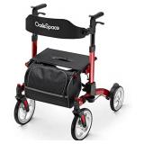 OasisSpace Upgrade Rollator Walker with Seat, Ultra Folding Rollator Walker for Seniors, Rolling Mobility Walking Aid Walker with Gear Wheel, Red