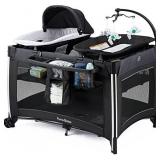 Pamo Babe Deluxe Playard with Foldable Nursery Center, Large Capacity Changing Table, Storage Shelf, Detachable Mattress Nursery Center (Black)
