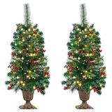 Juegoal 2 Pack Christmas Tree, 3 FT Pre-Lit Artificial Crestwood Spruce Entrance Trees in Gold Urn Base with 100 LEDs Lights, Pine Cones, Red Berries for Front Door, Porch, Entryway Xmas Decorations