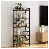 5-Tier Adjustable Tall Bookcase, Rustic Wood and Metal Standing Bookshelf, Industrial Vintage Book Shelf Unit, Open Back Modern Office Bookcases