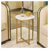 Gold Round Side End Table with Marble Top, Modern Bedside Small Coffee Table for Living Room Bedroom Small Space, 14" D x 20" H