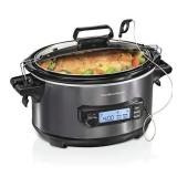 Hamilton Beach 33866 Portable 6-Quart Set & Forget Digital Programmable Slow Cooker with Lid Lock, Temp Tracking Temperature Probe, Black Stainless