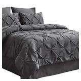 Bedsure Dark Grey King Size Comforter Set - 8 Pieces Pintuck King Size Bed in A Bag, Pinch Pleat Dark Grey King Bedding Sets with Comforters