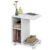 Haotian FBT48-W, Sofa Side Table End Table Coffee Table on Wheels with 2 Storage Shelves & Tablet Holder, White