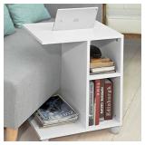 Haotian FBT48-W, Sofa Side Table End Table Coffee Table on Wheels with 2 Storage Shelves & Tablet Holder, White
