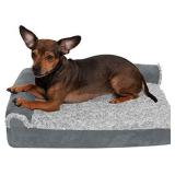 Furhaven Orthopedic Pet Bed for Dogs and Cats - L Chaise Sofa Two-Tone Plush Fur and Suede Couch Dog Bed with Removable Washable Cover, Stone Gray, Small
