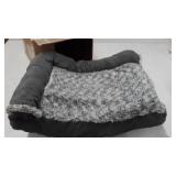 Furhaven Orthopedic Pet Bed for Dogs and Cats - L Chaise Sofa Two-Tone Plush Fur and Suede Couch Dog Bed with Removable Washable Cover, Stone Gray, Small