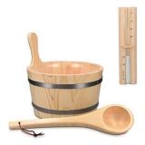 Navaris Wooden Sauna Bucket with Ladle - Essential Spa Accessory for Steam Room with 1.3 Gallon Pine Wood Bucket, Plastic Liner, Ladle, Sand Timer