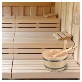 Navaris Wooden Sauna Bucket with Ladle - Essential Spa Accessory for Steam Room with 1.3 Gallon Pine Wood Bucket, Plastic Liner, Ladle, Sand Timer