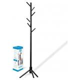 ZOBER Premium Wooden Coat Rack Free Standing, with 6 Hooks Lacquered Pine Wood Tree Coat Rack Stand for Coats, Hats, Scarves, Clothes, and Handbags - (Black