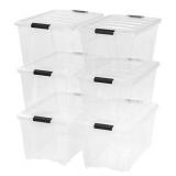 IRIS USA 53 Qt. Plastic Storage Bin Tote Organizing Container with Durable Lid and Secure Latching Buckles, Stackable and Nestable, 6 Pack, clear with Black Buckle