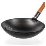 Pre-Seasoned Carbon Steel Wok Pan - 14 â Woks and Stir Fry Pans - Chinese Wok with Round Bottom Wok - Traditional Chinese Japanese Woks - Black Steel Wok