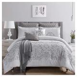 Sapphire Home Luxury 8 Piece King/California-King Comforter Set with Shams Cushions and Throw, Modern Light Gray Damask Pattern, Bed Cover Bed in a Bag, (21620, King/Cal-King)