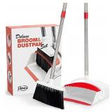 Broom and Dustpan - Broom and Dustpan Set for Home, Kitchen, Floor, Office, Living Room - Upright Standing Long Handle - Self-Cleaning Broom Bristles