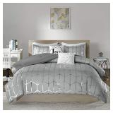 Intelligent Design - ID10-1245 Raina Comforter Set Metallic Print Geometric Design, Modern Trendy All Season Bedding Set, Matching Sham, Decorative Pillow, Grey/Silver, King/Cal King, 5 Piece