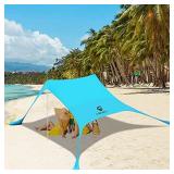Beach Tent Sun Shelter UPF50+ with Sand Shovel, Ground Pegs and Stability Poles, Outdoor Shade for Camping Trips, Fishing, Backyard Fun or Picnics 7x7.5FT 2 Pole Turquoise