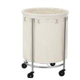 SONGMICS Round Laundry Cart, Laundry Hamper on Wheels, with Steel Frame and Removable Bag, 4 Casters and 2 Brakes, Cream and Silver Color URLS01MZ