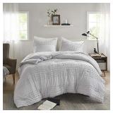 Comfort Spaces 100% Comforter Set Cotton Jacquard Pom Tufts Design Hypoallergenic Down Alternative, All Season Modern Bedding, Matching Shams, Full/Queen, Phillips, Grey, 3 Piece