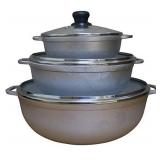 IMUSA USA Traditional Colombian Natural Caldero Glass Lid & Steam Vent 3-Piece (1.4/3.4/6.6) Quart, Silver (Dutch Oven Set)