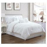 Grand Linen 7 Piece King Size Solid White Double-Needle Stitch Puckered Pinch Pleat Stripe Includes 1 Comforter, 3 Decorative Pillows, 1 Bed Skirt, 2 Shams