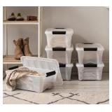 IRIS USA 12 Qt. Plastic Storage Bin Tote Organizing Container with Durable Lid and Secure Latching Buckles, Stackable and Nestable, 5 Pack, Pearl with Black Buckle