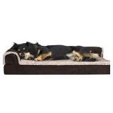 Furhaven Orthopedic Pet Bed for Dogs and Cats - L Chaise Sofa Two-Tone Plush Fur and Suede Couch Dog Bed with Removable Washable Cover, Espresso, Medium