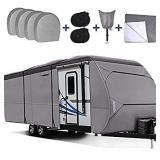 RVMasking Upgraded Waterproof Top Travel Trailer Cover for RV Camper Motorhome with 4 Tire Covers, Tongue Jack Cover