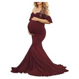 Saslax Off Shoulder Ruffle Sleeves Elegant Fitted Maxi Maternity Dress for Photoshoot Baby Shower, Burgundy X-Large