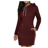 Celmia Women Long Sleeve Slim Hooded Pullover Zipper Tunic Sweatshirt Dress Hoodie with Pockets Wine Red 4XL