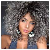 RunM Short Curly Afro Wigs for Black Women Ombre Grey Kinky Curly Hair Wigs with Bangs Synthetic Heat Resistant Full Wigs 14 Inches (Ombre Gray)