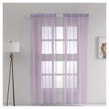 MISS SELECTEX Linen Look Pom Pom Tasseled Sheer Curtains - Rod Pocket Voile Semi-Sheer Curtains for Living and Bedroom, Set of 2 Curtain Panels (52 x 63 inch, Lilac Purple)