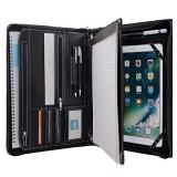 XIAOZHI Black Leather Portfolio with Notepad Space for 10.2-inch / 10.5-inch / 11-inch iPad, Padfolio Case Business Zippered Organizer Document Folder with Letter Size Notepad Holder
