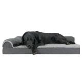 FurHaven Pet Dog Bed Deluxe Orthopedic Faux Fur & Suede L-Shaped Chaise Couch Pet Bed for Dogs & Cats, Stone Gray, Jumbo