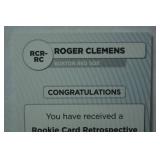 Rookie Card Retrospective RC Logo Medallion Card from 2020 Topps Baseball Series One, Roger Clemens, Boston Red Sox