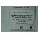 Rookie Card Retrospective RC Logo Medallion Card from 2020 Topps Baseball Series One, Roger Clemens, Boston Red Sox