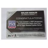 150th Anniversary Commemorative Patch Card from 2019 Topps Baseball Update Series, Walker Buehler, Los Angeles Dodgers