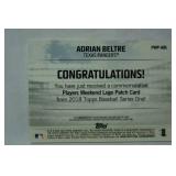 Commemorative Payers Weekend Logo Patch Card from 2018 Topps Baseball Series one!  "Adrian Beltre, Texas Rangers"