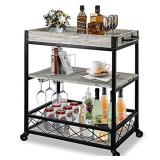 Galsoar Bar Cart Solid Wood for The Home Bar & Serving Carts on Wheels Liquor Cart with Glass Holder Mini Mobile Bar Cart with Removable Tray 3 Tier Rustic Industrial Trolley Grey White